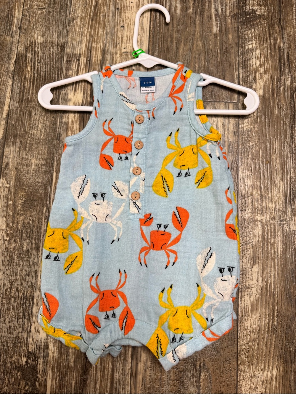 Old Navy Light Blue Baby Romper with Orange Yellow and White Crab Print
